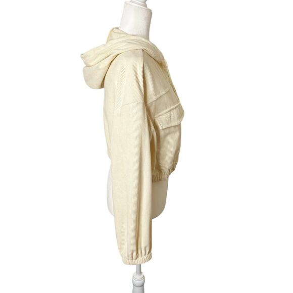 Shein Women's Corduroy Jacket Size L Cream Zip Up Hoodie Cropped Flap Pockets - Picture 4 of 7